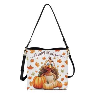 Thanksgiving Pumpkin Leaves Print Bucket Bags Leather Purse Handbag ^_^